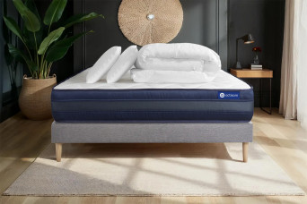 Pack lit complet 200x200 cm - Matelas + Sommier Gris (en kit) + 2 oreillers + Couette - Actimemo Tech