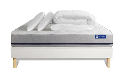 Pack lit complet 140x200 cm - Matelas + Sommier Blanc (en kit) + 2 oreillers + Couette - Actimemo Soft