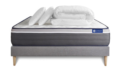 Pack lit complet 200x200 cm - Matelas + Sommier Gris (en kit) + 2 oreillers + Couette - Actiflex Plus