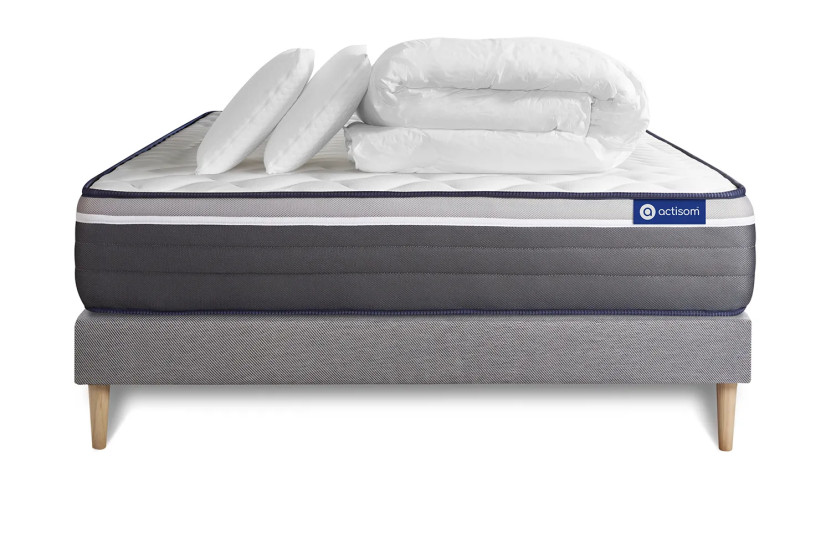 Pack lit complet 200x200 cm - Matelas + Sommier Gris (en kit) + 2 oreillers + Couette - Actiflex Plus