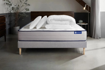 Pack lit complet 140x200 cm - Matelas + Sommier Gris (en kit) + 2 oreillers + Couette - Actiflex Form