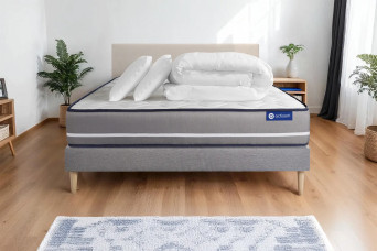Pack lit complet 180x200 cm - Matelas + Sommier Gris (en kit) + 2 oreillers + Couette - Actiflex Pur