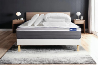 Pack lit complet 140x200 cm - Matelas + Sommier Blanc (en kit) + 2 oreillers + Couette - Actiflex Plus