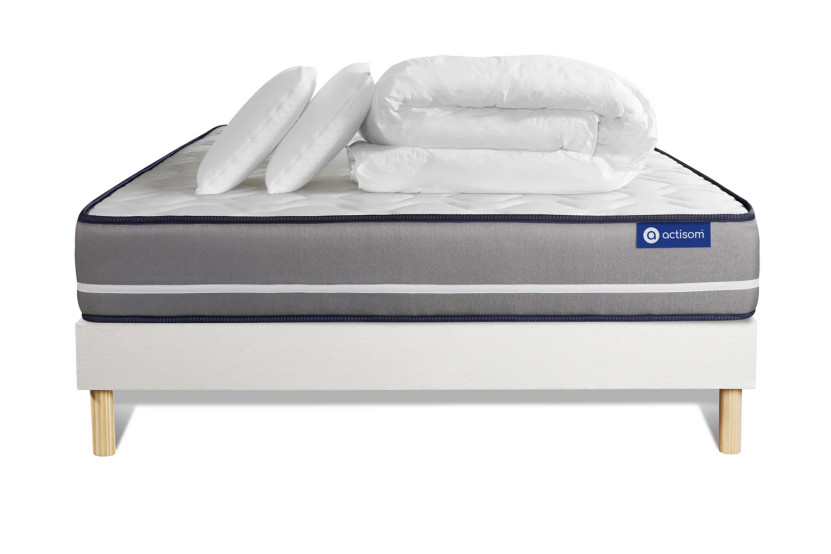 Pack lit complet 160x200 cm - Matelas + Sommier Blanc (en kit) + 2 oreillers + Couette - Actimemo Pur