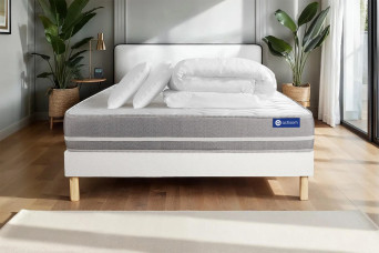 Pack lit complet 180x200 cm - Matelas + Sommier Blanc (en kit) + 2 oreillers + Couette - Actiflex Touch