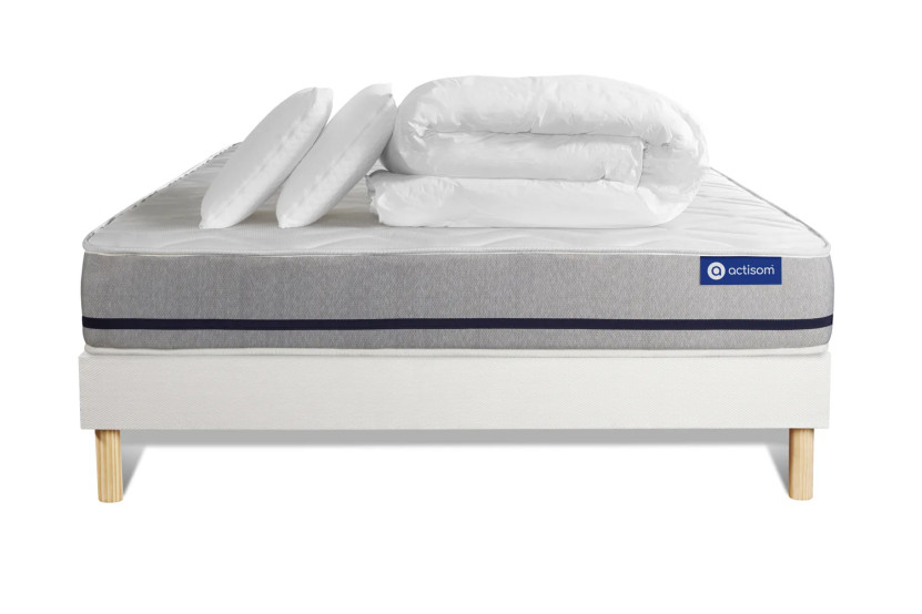 Pack lit complet 180x200 cm - Matelas + Sommier Blanc (en kit) + 2 oreillers + Couette - Actilatex Soft
