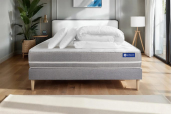 Pack lit complet 140x200 cm - Matelas + Sommier Gris (en kit) + 2 oreillers + Couette - Actilatex Touch