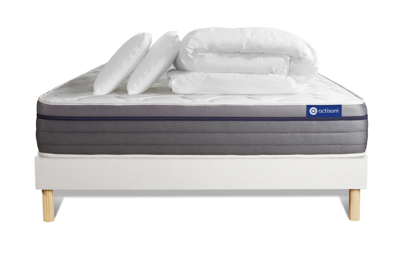 Pack lit complet 180x200 cm - Matelas + Sommier Blanc (en kit) + 2 oreillers + Couette - ActiMemo Zen