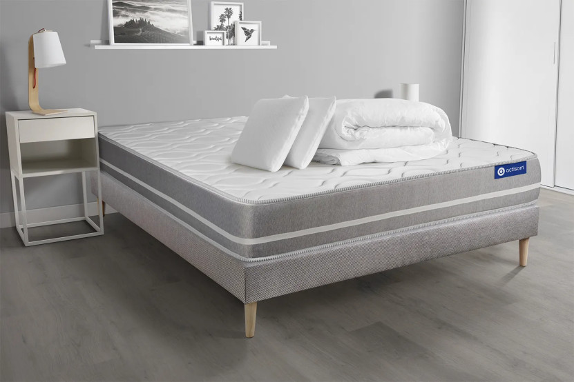 Pack lit complet 140x190 cm - Matelas + Sommier Gris (en kit) + 2 oreillers + Couette - Actimemo Touch