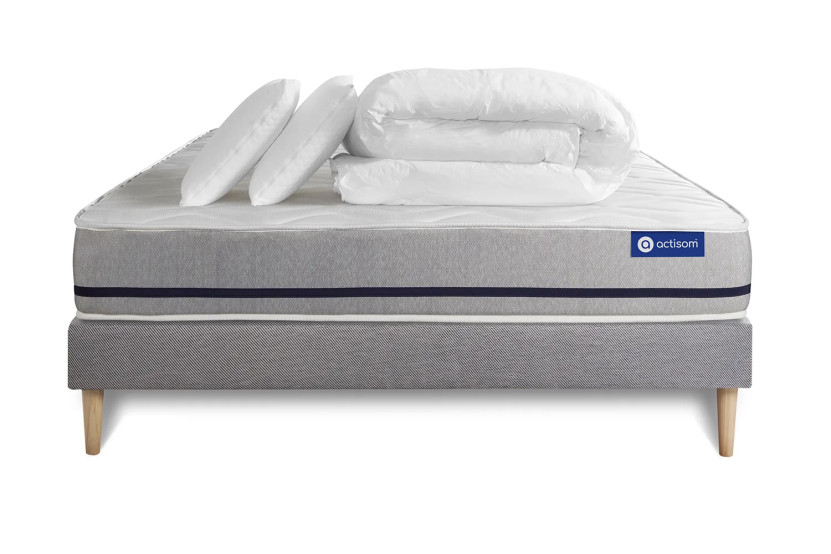 Pack lit complet 200x200 cm - Matelas + Sommier Gris (en kit) + 2 oreillers + Couette - Actilatex Soft