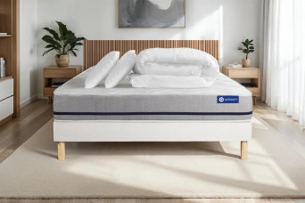 Pack lit complet 200x200 cm - Matelas + Sommier Blanc (en kit) + 2 oreillers + Couette - Actimemo Soft