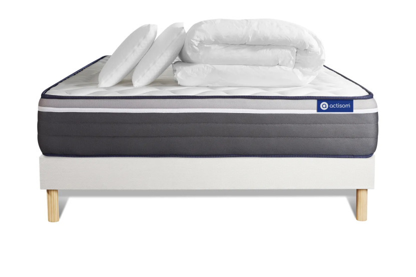 Pack lit complet 200x200 cm - Matelas + Sommier Blanc (en kit) + 2 oreillers + Couette - ActiMemo Plus