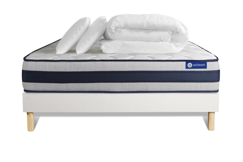 Pack lit complet 160x200 cm - Matelas + Sommier Blanc (en kit) + 2 oreillers + Couette - Actiflex Ergo