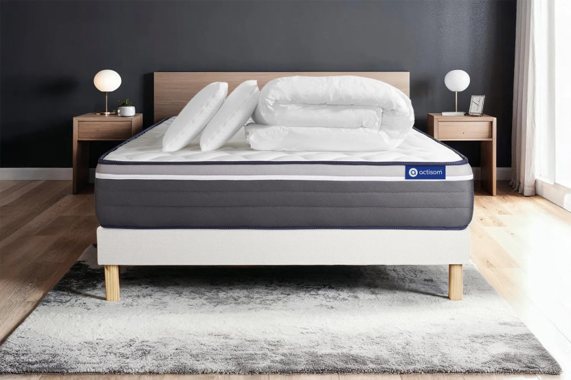 Pack lit complet 200x200 cm - Matelas + Sommier Blanc (en kit) + 2 oreillers + Couette - Actiflex Plus
