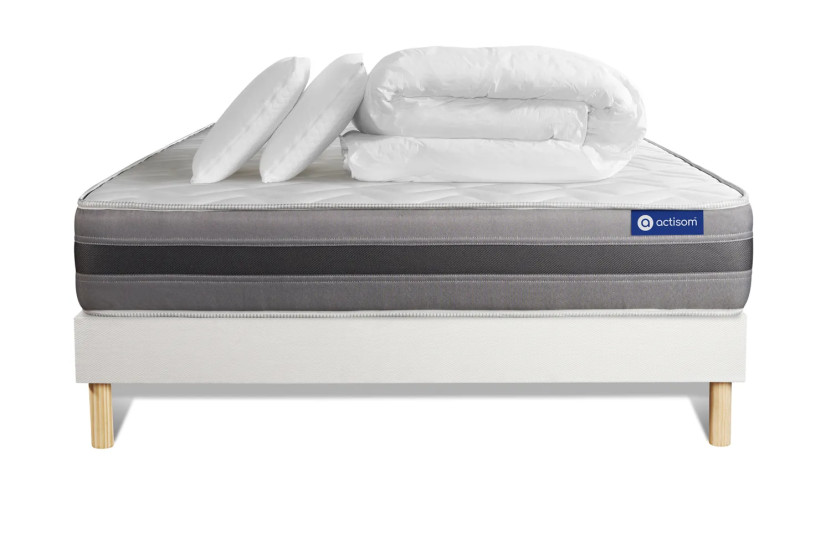 Pack lit complet 200x200 cm - Matelas + Sommier Blanc (en kit) + 2 oreillers + Couette - Actiflex Relax