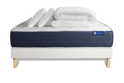 Pack lit complet 140x190 cm - Matelas + Sommier Blanc (en kit) + 2 oreillers + Couette - Actilatex Sleep