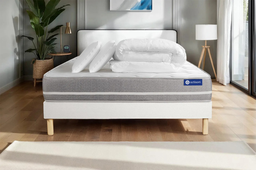 Pack lit complet 140x200 cm - Matelas + Sommier Blanc (en kit) + 2 oreillers + Couette - Actilatex Touch