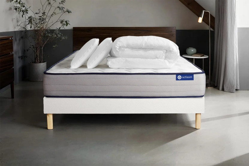 Pack lit complet 160x200 cm - Matelas + Sommier Blanc (en kit) + 2 oreillers + Couette - Actiflex Form