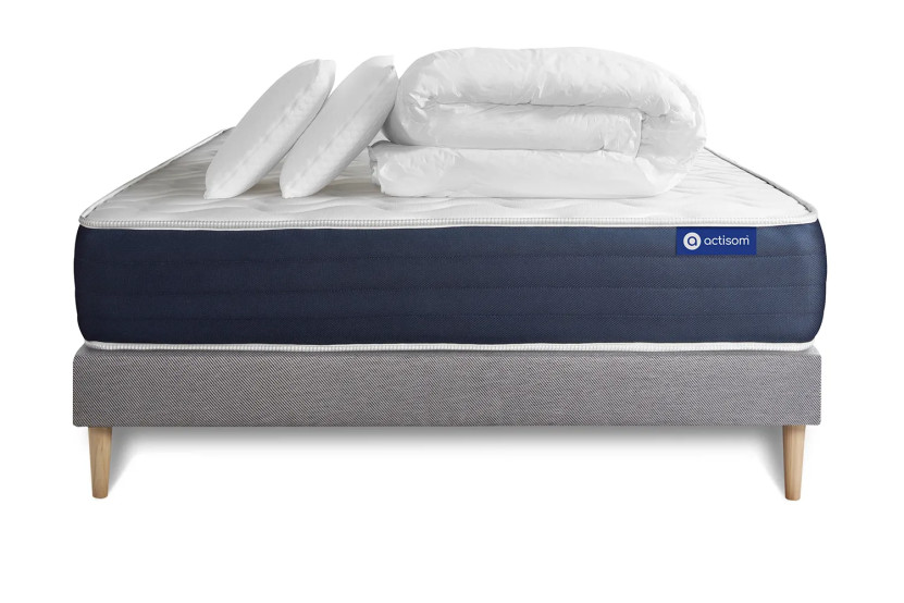 Pack lit complet 180x200 cm - Matelas + Sommier Gris (en kit) + 2 oreillers + Couette - Actimemo Sleep