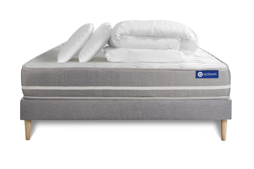 Pack lit complet 160x200 cm - Matelas + Sommier Gris (en kit) + 2 oreillers + Couette - Actiflex Touch