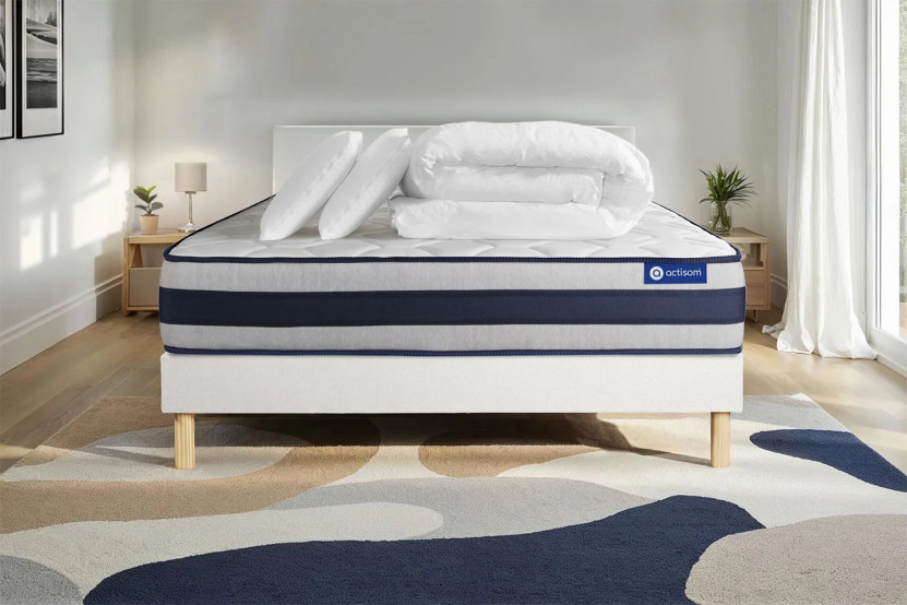 Pack lit complet 160x200 cm - Matelas + Sommier Blanc (en kit) + 2 oreillers + Couette - Actilatex Ergo