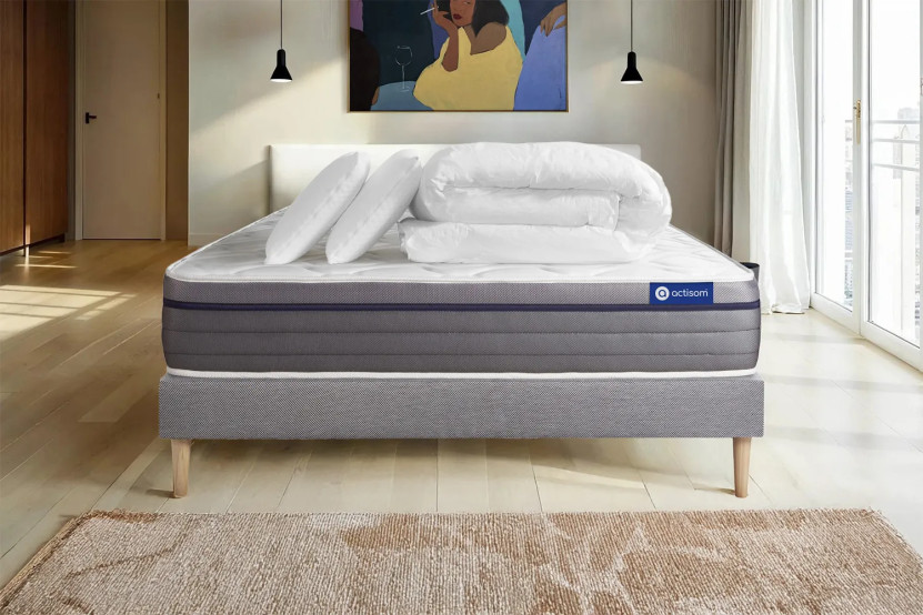 Pack lit complet 160x200 cm - Matelas + Sommier Gris (en kit) + 2 oreillers + Couette - ActiMemo Zen