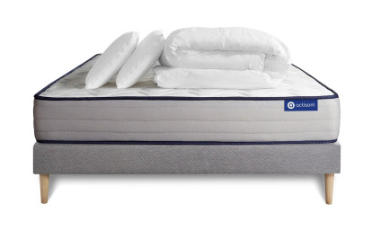 Pack lit complet 200x200 cm - Matelas + Sommier Gris (en kit) + 2 oreillers + Couette - Actilatex Form