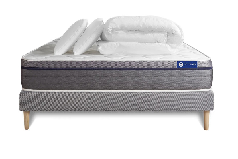 Pack lit complet 140x190 cm - Matelas + Sommier Gris (en kit) + 2 oreillers + Couette - ActiMemo Zen