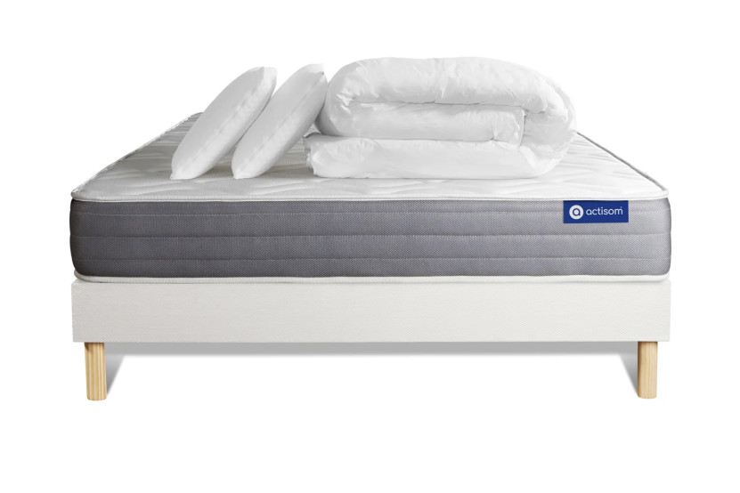 Pack lit complet 140x190 cm - Matelas + Sommier Blanc (en kit) + 2 oreillers + Couette - Actiflex Dream