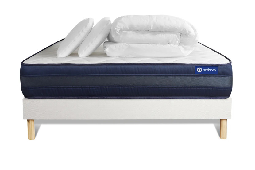 Pack lit complet 140x200 cm - Matelas + Sommier Blanc (en kit) + 2 oreillers + Couette - Actimemo Tech