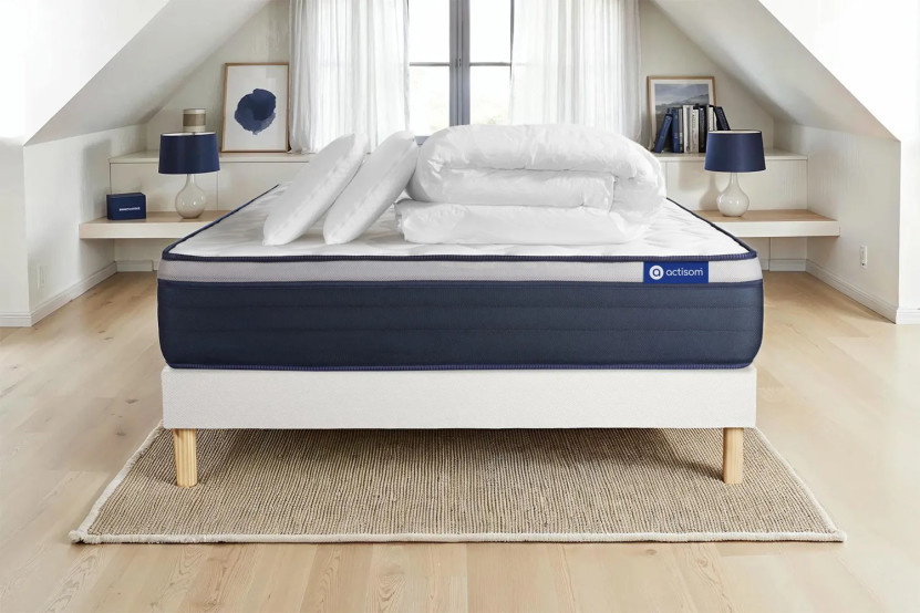 Pack lit complet 200x200 cm - Matelas + Sommier Blanc (en kit) + 2 oreillers + Couette - Actiflex Max