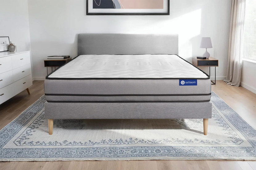 Ensemble Matelas Sommier 90x190 cm - Sommier Gris (en kit) - Actimemo Night