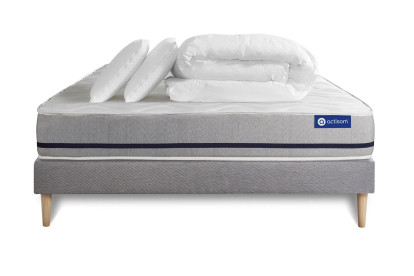 Pack lit complet 140x200 cm - Matelas + Sommier Gris (en kit) + 2 oreillers + Couette - Actiflex Soft