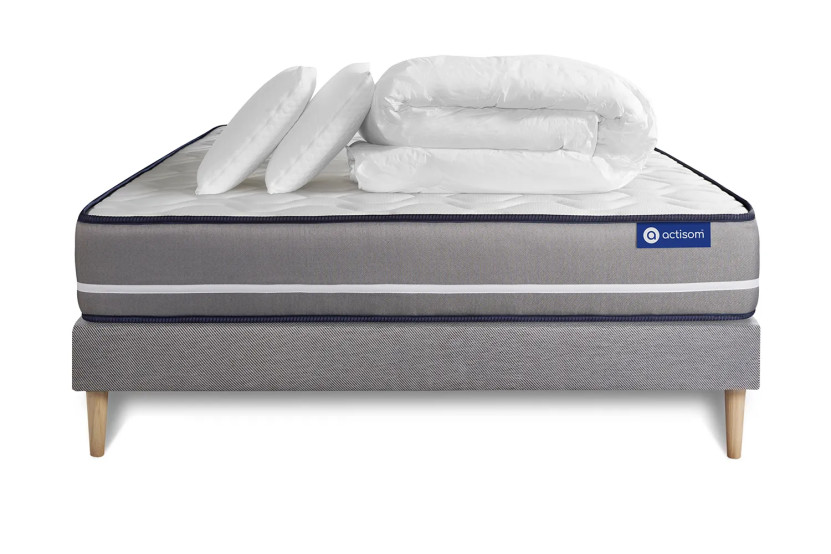 Pack lit complet 200x200 cm - Matelas + Sommier Gris (en kit) + 2 oreillers + Couette - Actimemo Pur