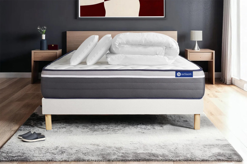 Pack lit complet 140x190 cm - Matelas + Sommier Blanc (en kit) + 2 oreillers + Couette - Actilatex Plus