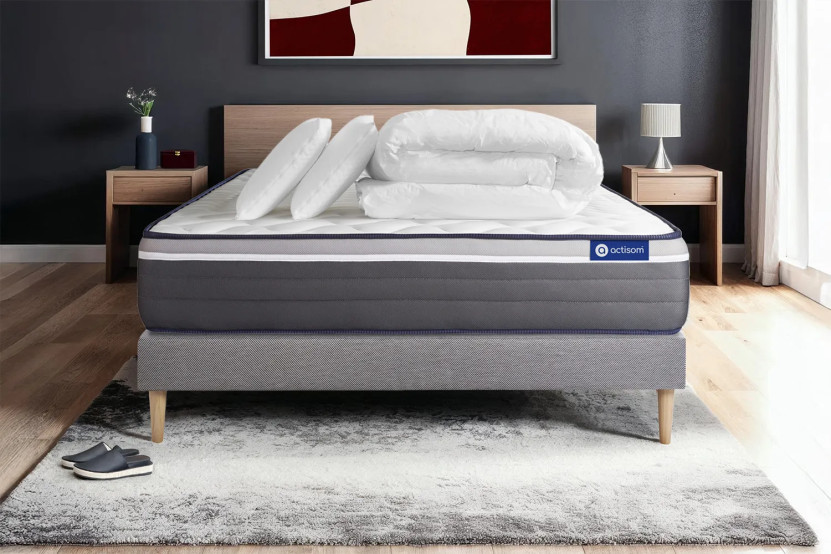 Pack lit complet 160x200 cm - Matelas + Sommier Gris (en kit) + 2 oreillers + Couette - Actilatex Plus