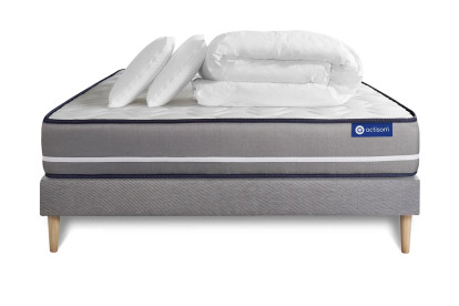Pack lit complet 140x200 cm - Matelas + Sommier Gris (en kit) + 2 oreillers + Couette - Actimemo Pur
