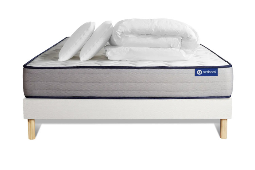 Pack lit complet 140x190 cm - Matelas + Sommier Blanc (en kit) + 2 oreillers + Couette - Actilatex Form