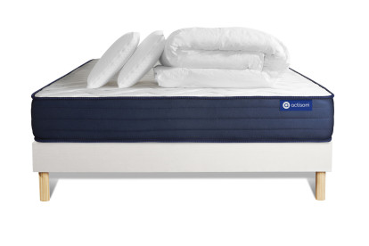 Pack lit complet 140x190 cm - Matelas + Sommier Blanc (en kit) + 2 oreillers + Couette - Actilatex Life