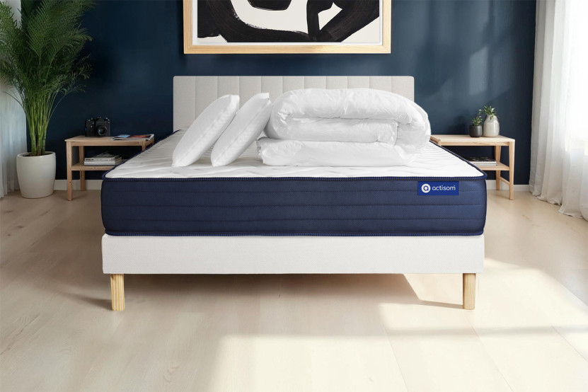 Pack lit complet 200x200 cm - Matelas + Sommier Blanc (en kit) + 2 oreillers + Couette - Actilatex Life