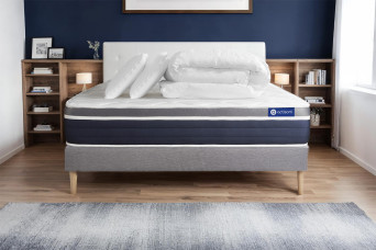 Pack lit complet 200x200 cm - Matelas + Sommier Gris (en kit) + 2 oreillers + Couette - Actiflex Confort
