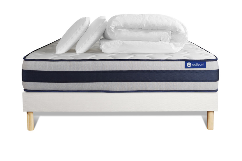 Pack lit complet 140x200 cm - Matelas + Sommier Blanc (en kit) + 2 oreillers + Couette - Actiflex Ergo