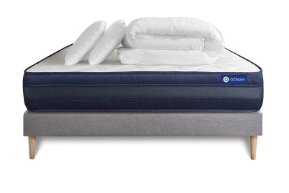 Pack lit complet 200x200 cm - Matelas + Sommier Gris (en kit) + 2 oreillers + Couette - Actimemo Tech