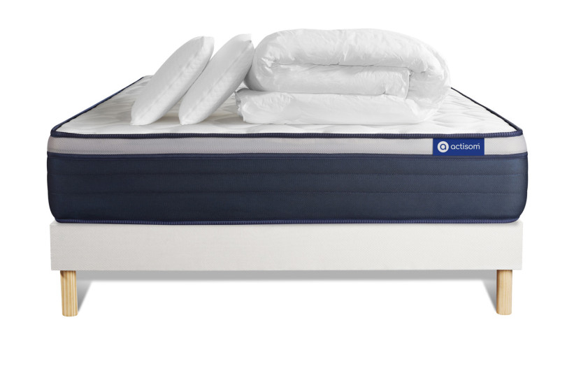 Pack lit complet 140x190 cm - Matelas + Sommier Blanc (en kit) + 2 oreillers + Couette - Actilatex Max