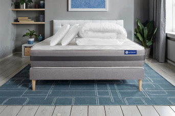 Pack lit complet 140x190 cm - Matelas + Sommier Gris (en kit) + 2 oreillers + Couette - Actimemo Relax