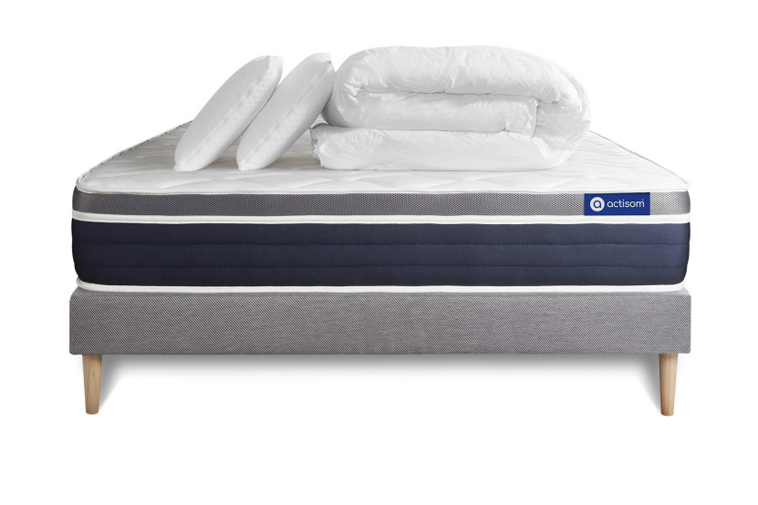 Pack lit complet 140x190 cm - Matelas + Sommier Gris (en kit) + 2 oreillers + Couette - Actiflex Confort