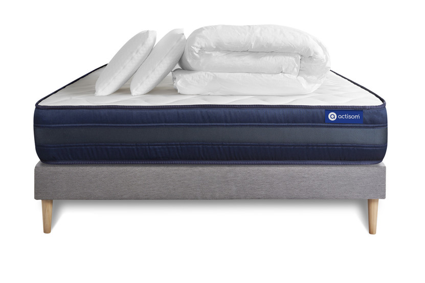 Pack lit complet 160x200 cm - Matelas + Sommier Gris (en kit) + 2 oreillers + Couette - Actimemo Tech