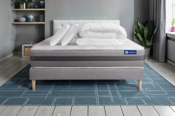 Pack lit complet 140x200 cm - Matelas + Sommier Gris (en kit) + 2 oreillers + Couette - Actilatex Relax