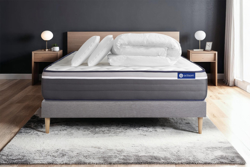 Pack lit complet 160x200 cm - Matelas + Sommier Gris (en kit) + 2 oreillers + Couette - Actiflex Plus