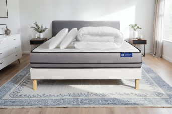 Pack lit complet 140x200 cm - Matelas + Sommier Blanc (en kit) + 2 oreillers + Couette - Actiflex Night
